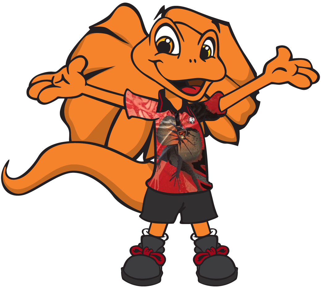 Orange frilled-neck lizard wearing red shirt and black shorts, waving with a smile.