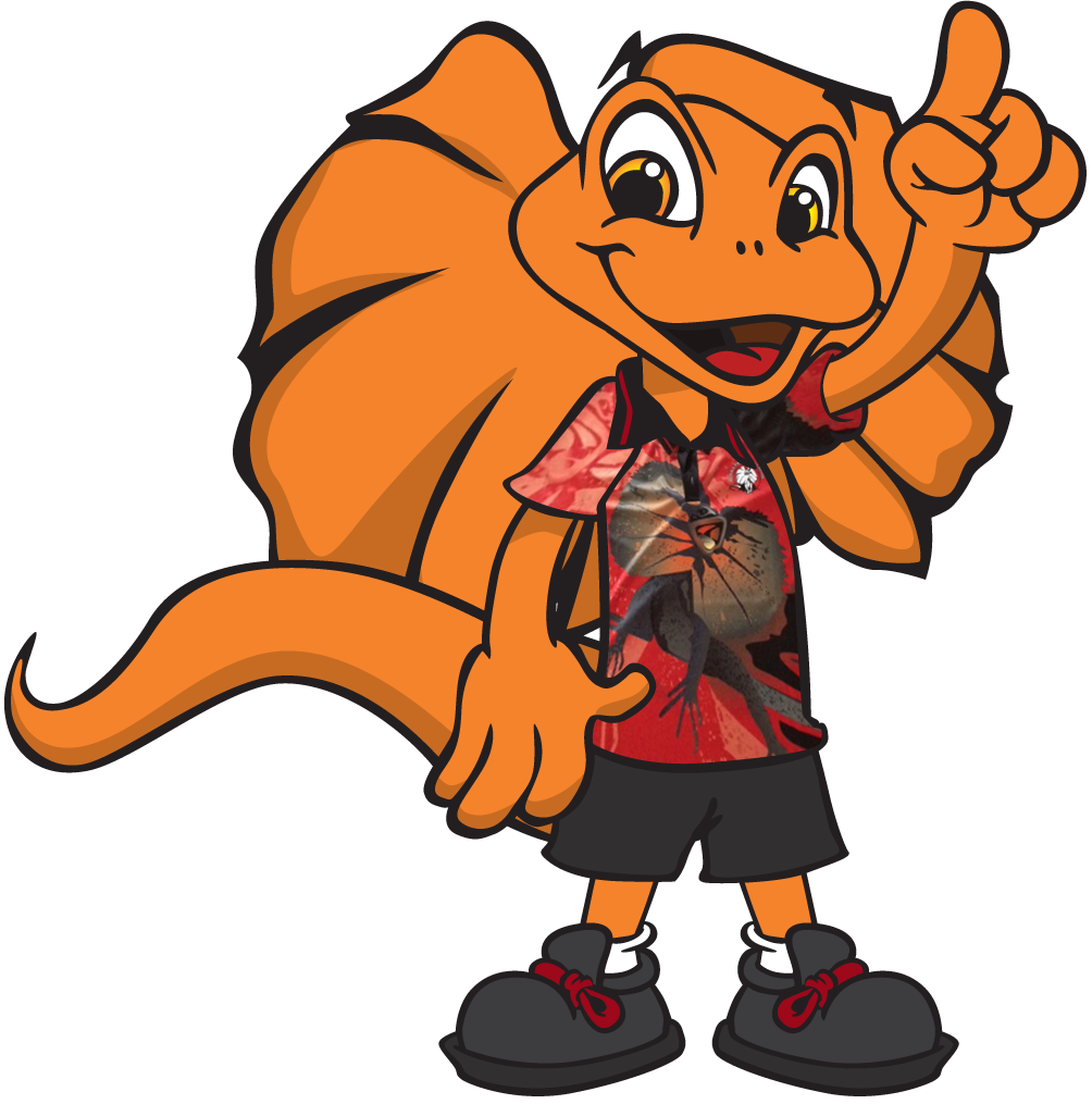 Orange frilled-neck lizard mascot wearing a red shirt and shorts, pointing upward, smiling.