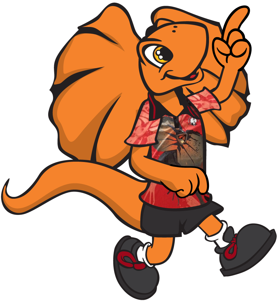 Orange frilled-neck lizard cartoon wearing shirt and shorts, pointing up with a smile.