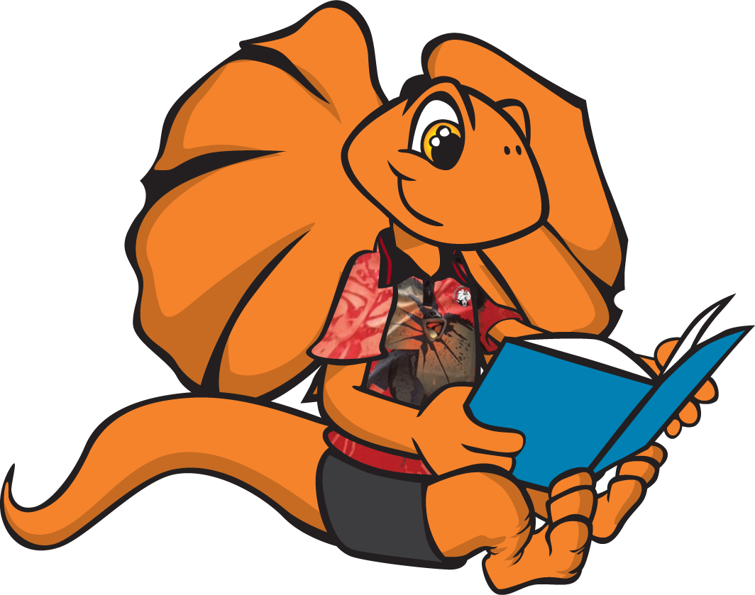 Orange lizard mascot reading a book, wearing a shirt with a cat on it.