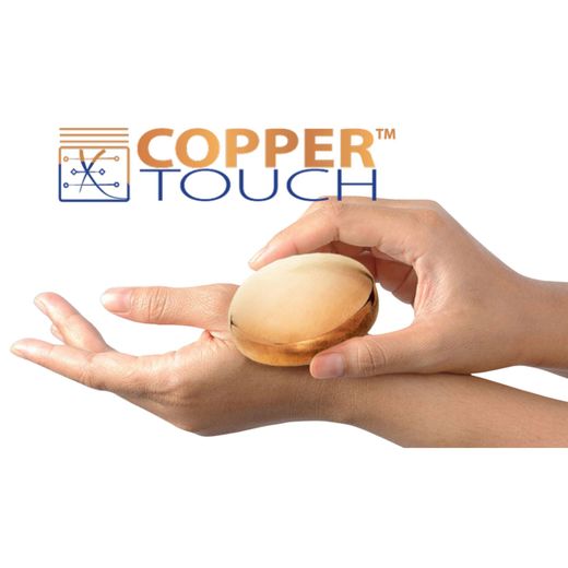 Hands holding a copper-colored sphere, with 