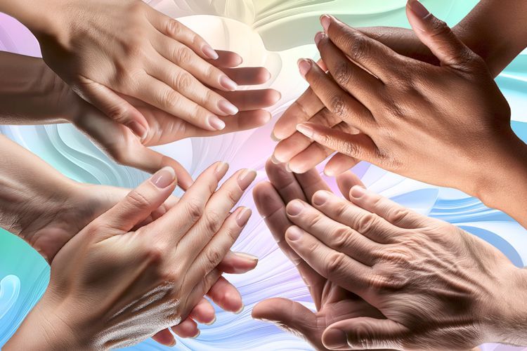 Hands joined together in a circle, on a colorful background.
