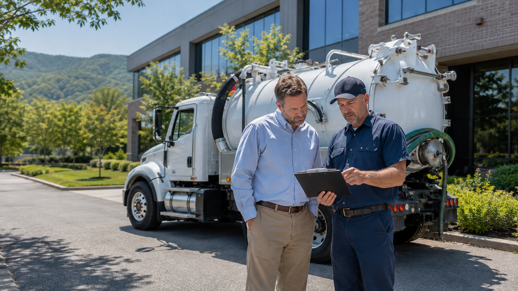Two workers reviewing a clipboard beside a white utility truck outside an office building.