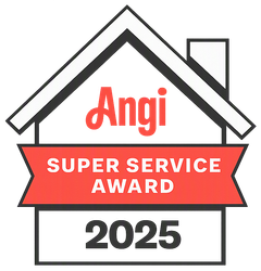Angi Super Service Award 2025 logo with red banner and house outline