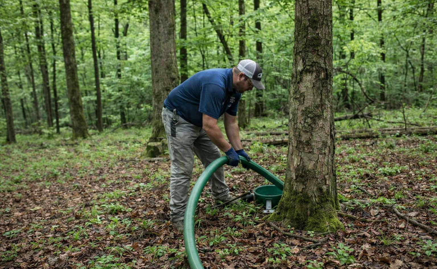 Person using a green vacuum-like tool to clear leaves beside a tree in a wooded forest.