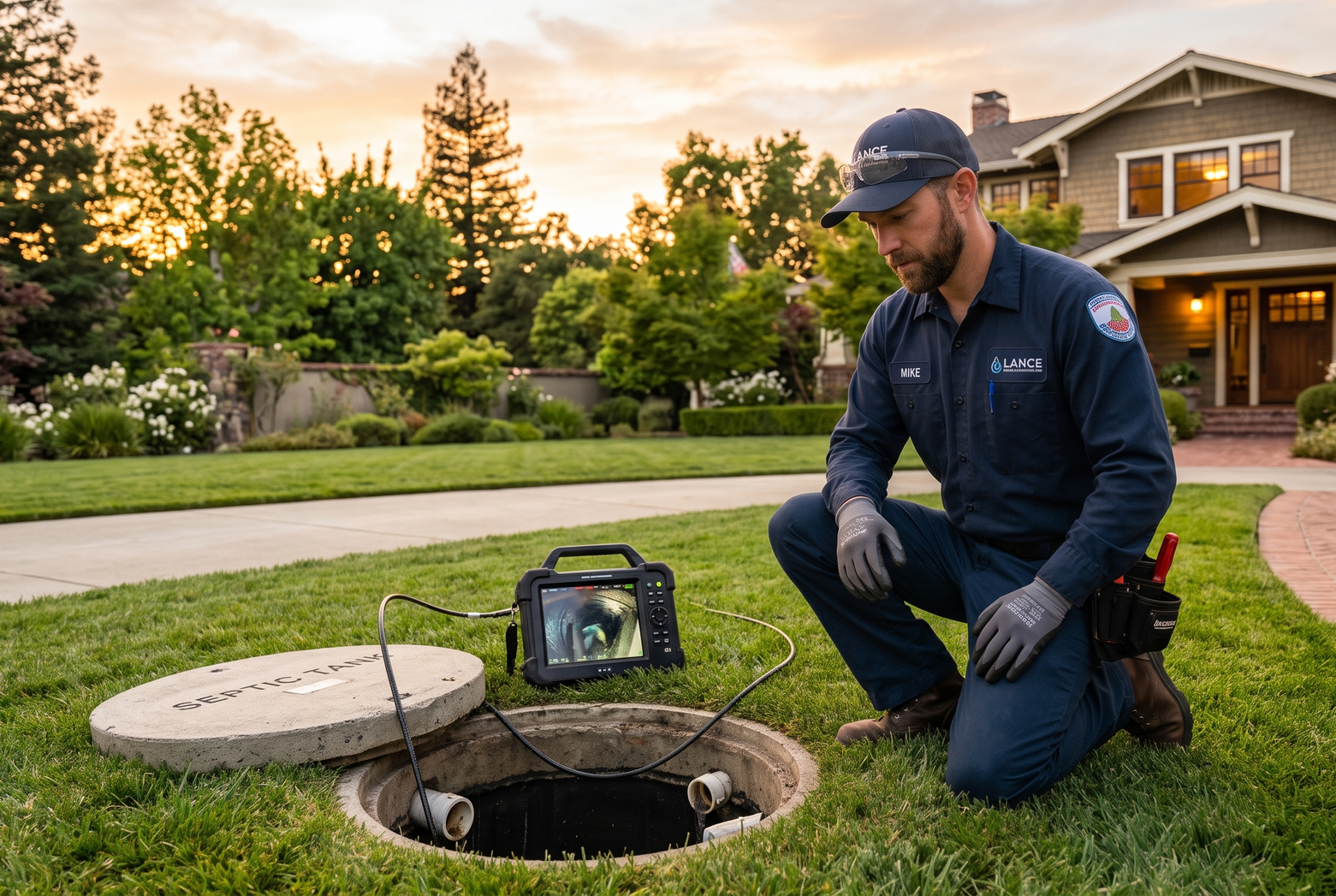Worker kneeling by an open yard utility access box on a suburban lawn at sunset