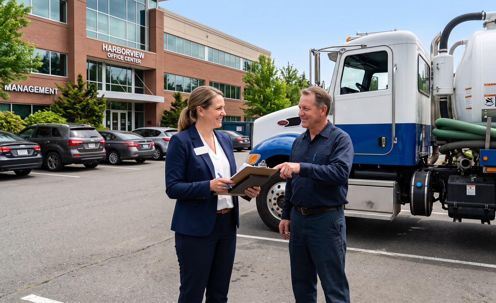 Two people talk beside a blue-and-white service truck in a parking lot outside a brick office building.