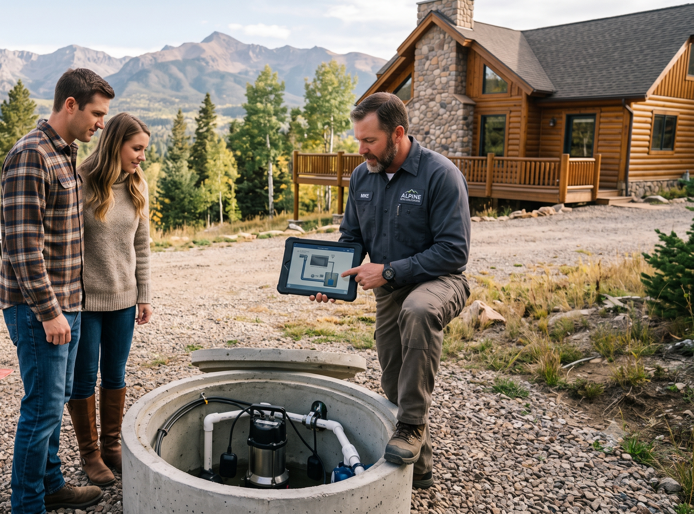 Two people watch a technician inspect a round outdoor utility tank near a log cabin in the mountains