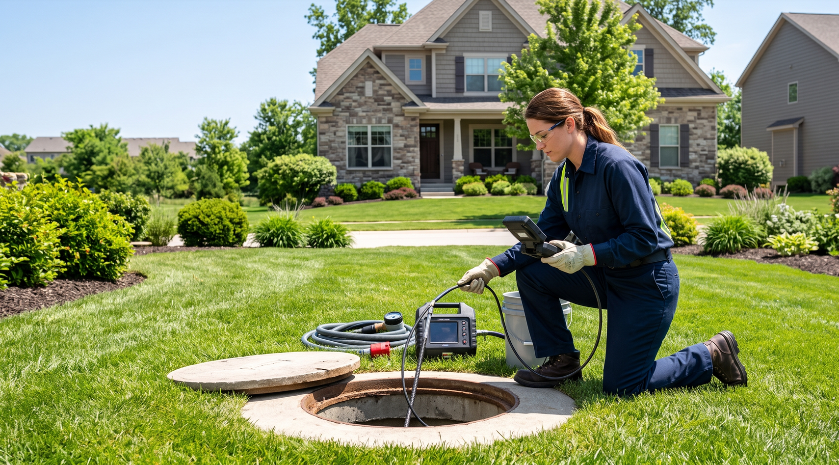 Person kneeling on a lawn inspecting an open ground utility box outside a suburban house