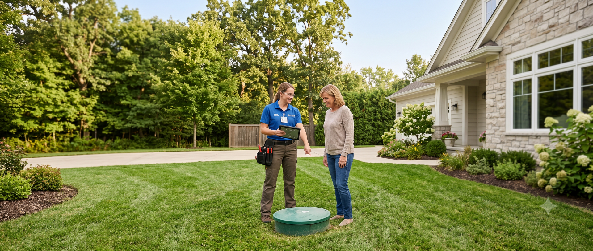 Two people inspecting a lawn in front of a house, with a small garden device on the grass.