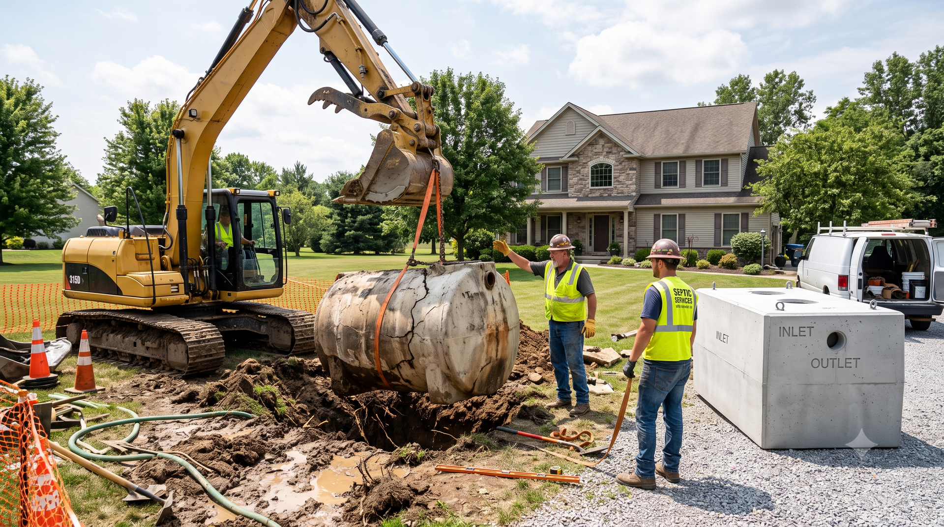 Workers with excavator lifting a large underground tank at a suburban construction site