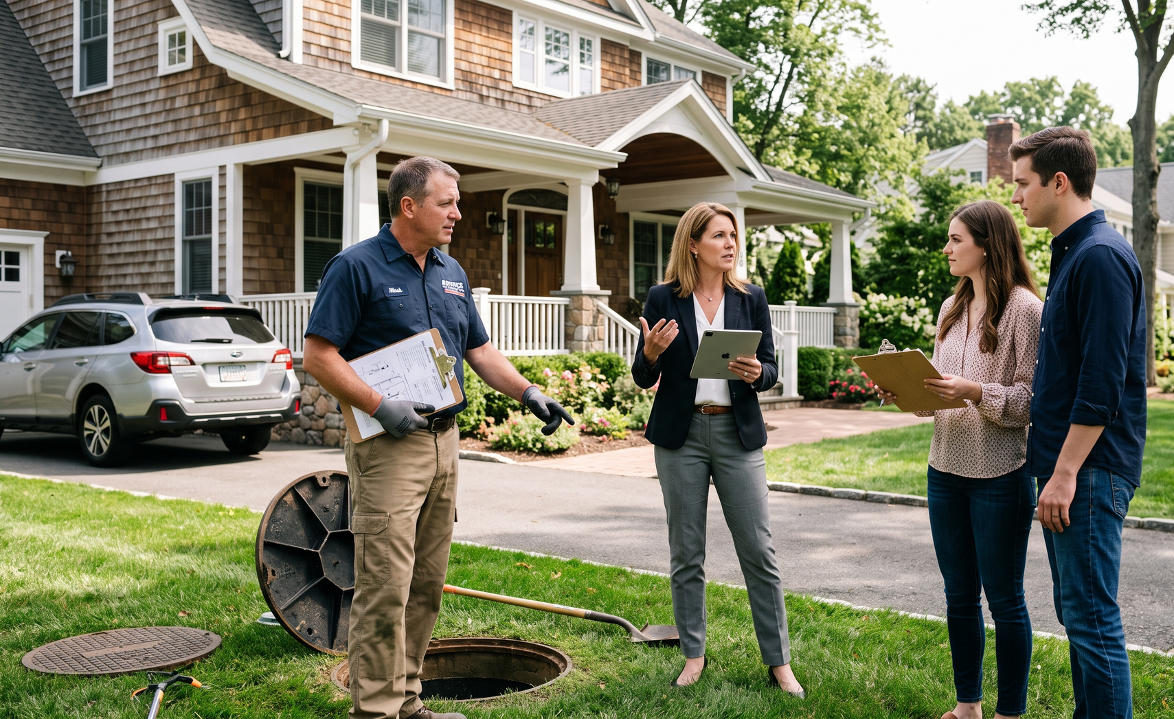 Neighbors talking on a suburban lawn outside a house, with one holding a tablet and a parked car nearby