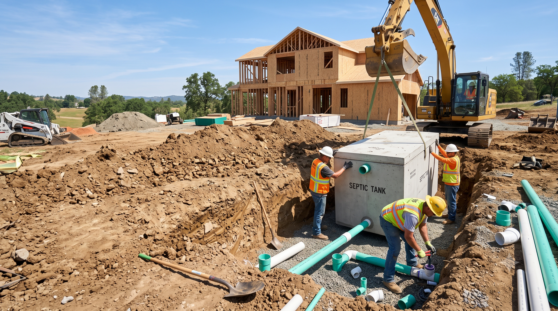 Construction workers install utilities at a muddy building site beside a partly framed house.