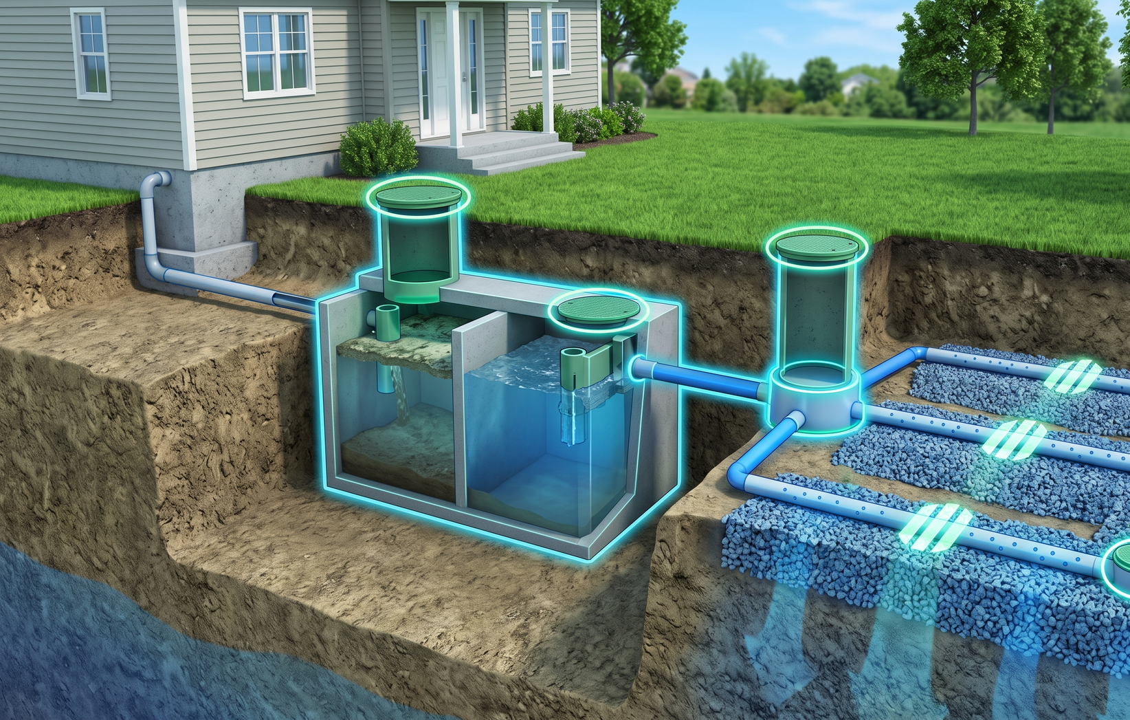 Illustration of a house sewer system with underground tanks, pipes, and drainage field in a yard