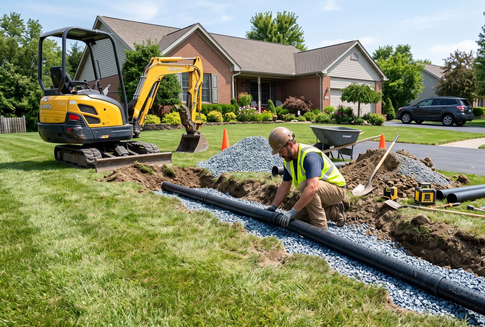 Worker installing drainage pipe beside a yellow excavator in a suburban yard with a house in the background