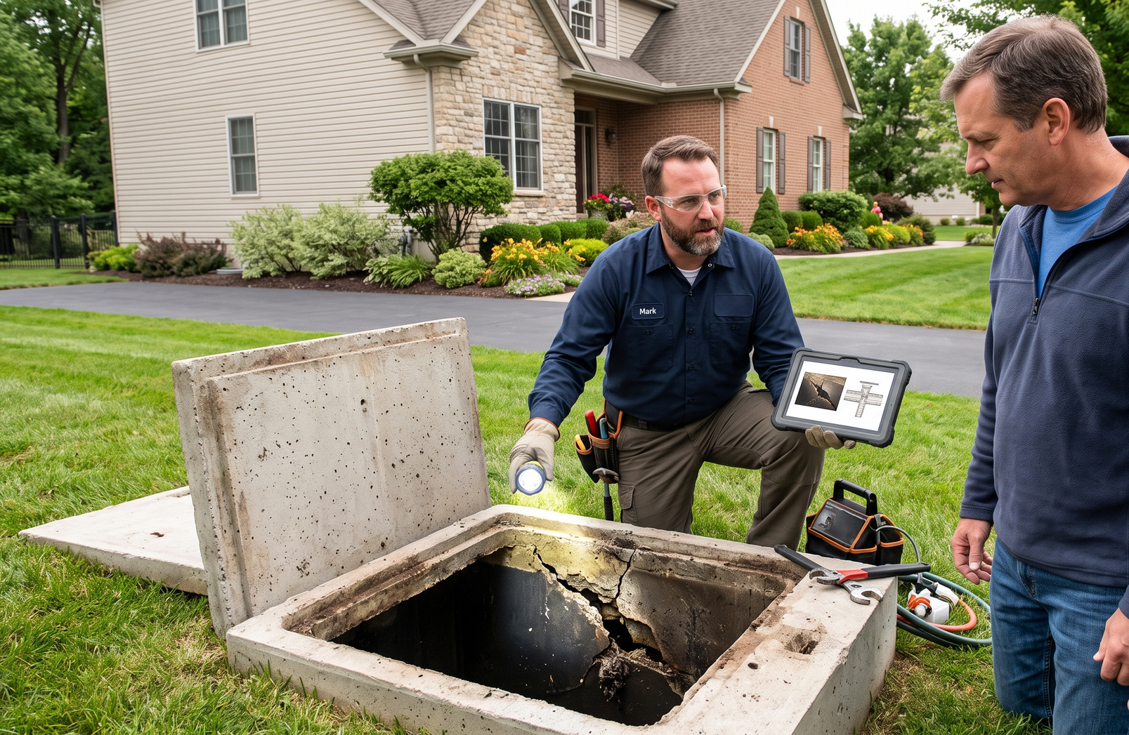 Two men inspect a sewer manhole in a suburban driveway with a camera and tools