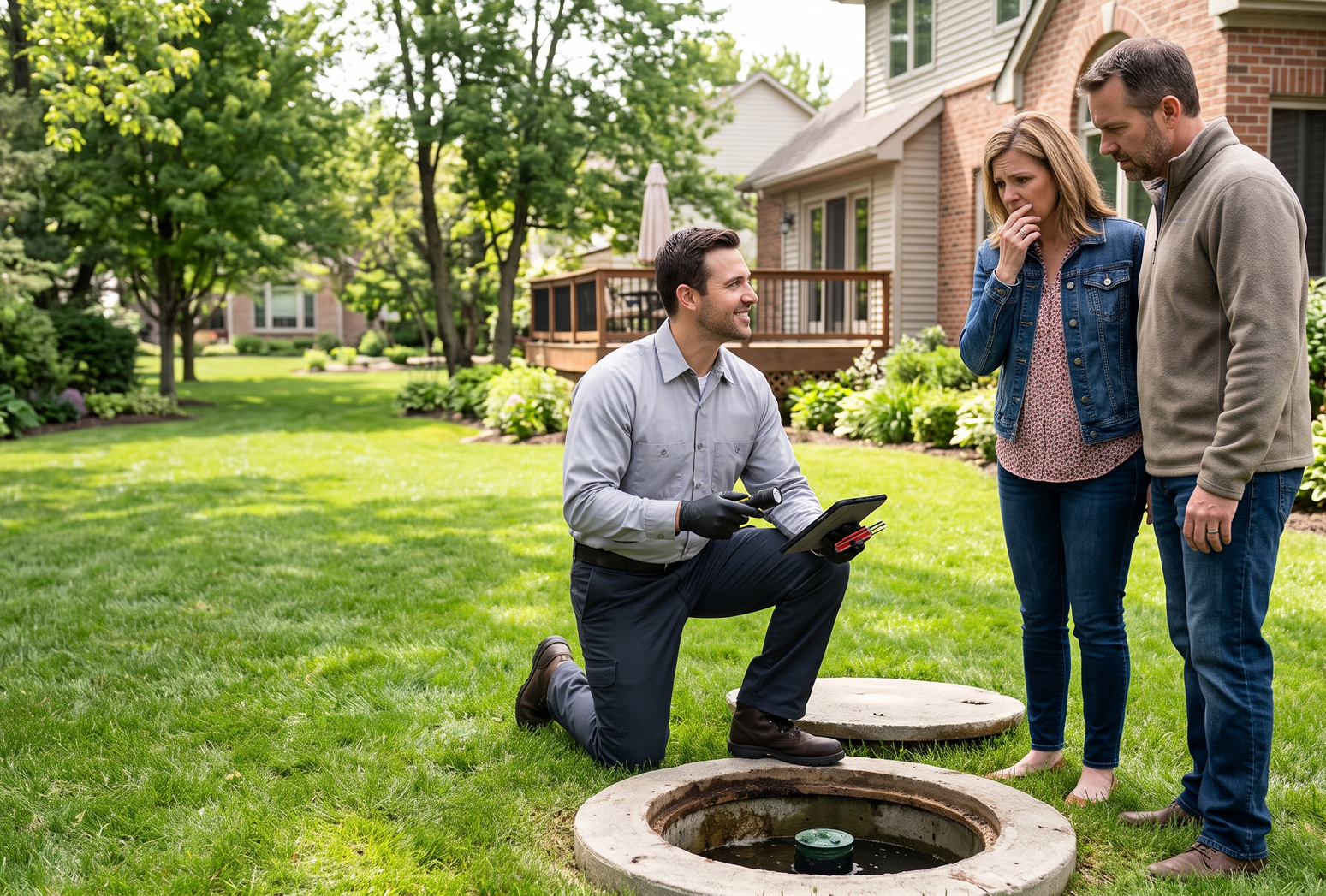 Three people inspect a garden water meter by a house on a sunny lawn.
