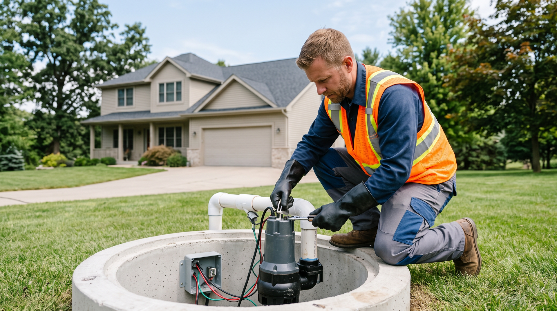 Technician in orange safety vest kneels by a sump pump in a yard with a suburban house behind.