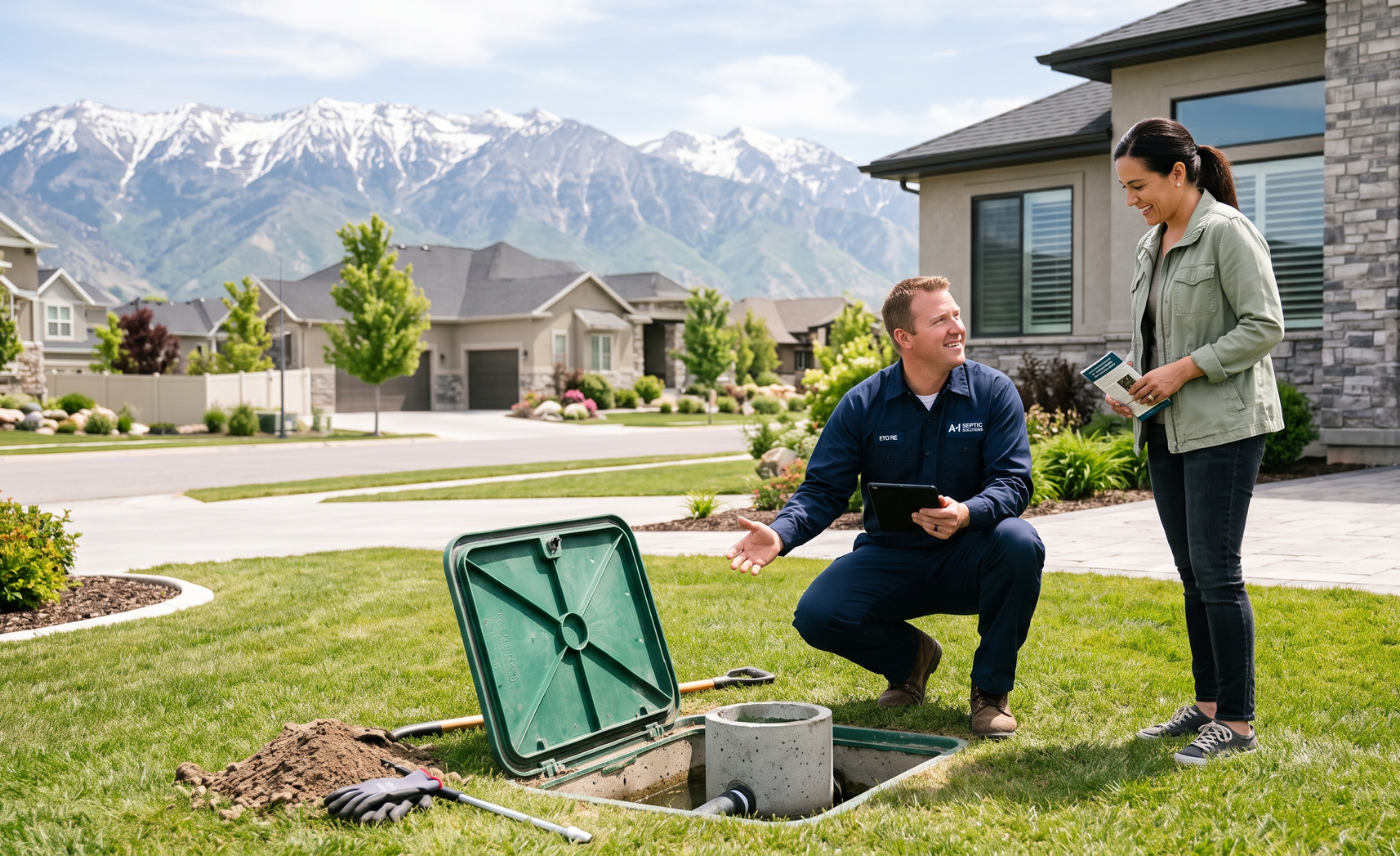 Two people inspect an open green utility box in a suburban neighborhood with mountains in the background