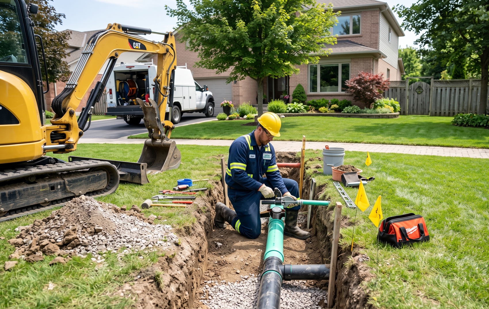 Utility worker repairs a green pipe trench beside a house, with an excavator nearby.
