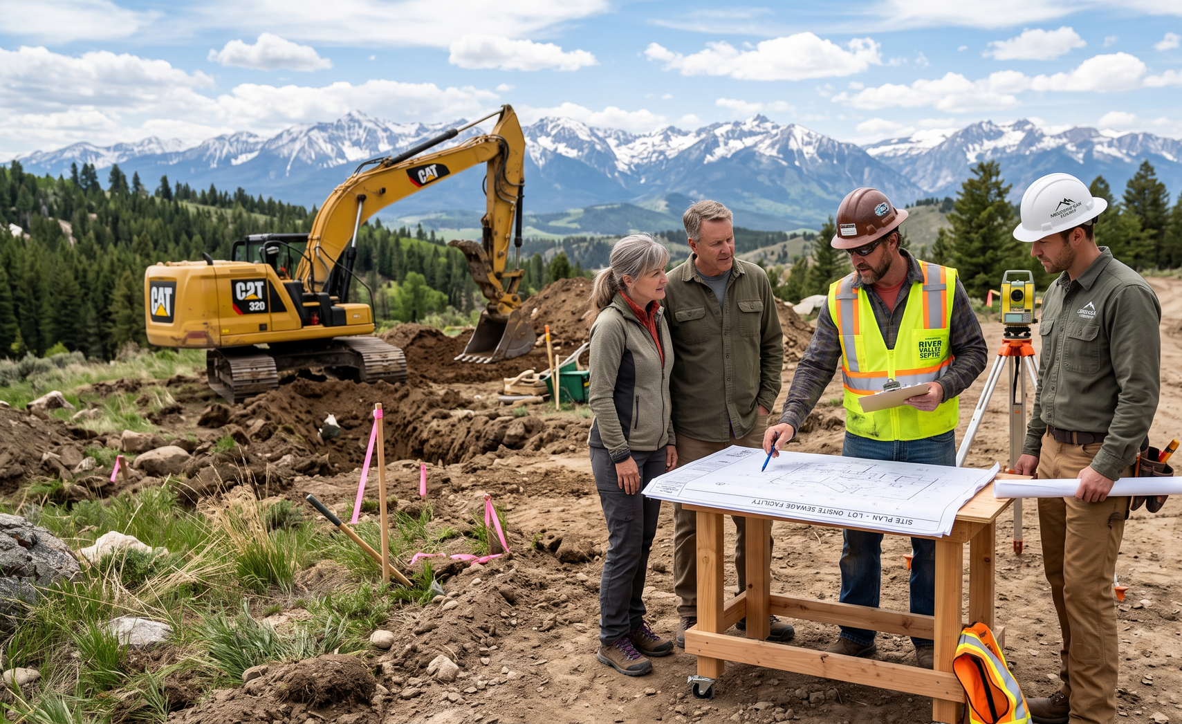 Workers in hard hats review blueprints at a construction site with an excavator and mountain backdrop