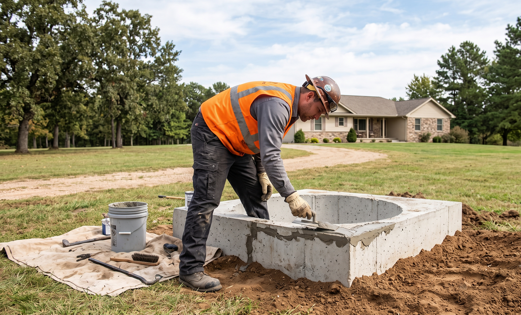 Worker in orange safety vest troweling concrete foundation on a suburban construction site