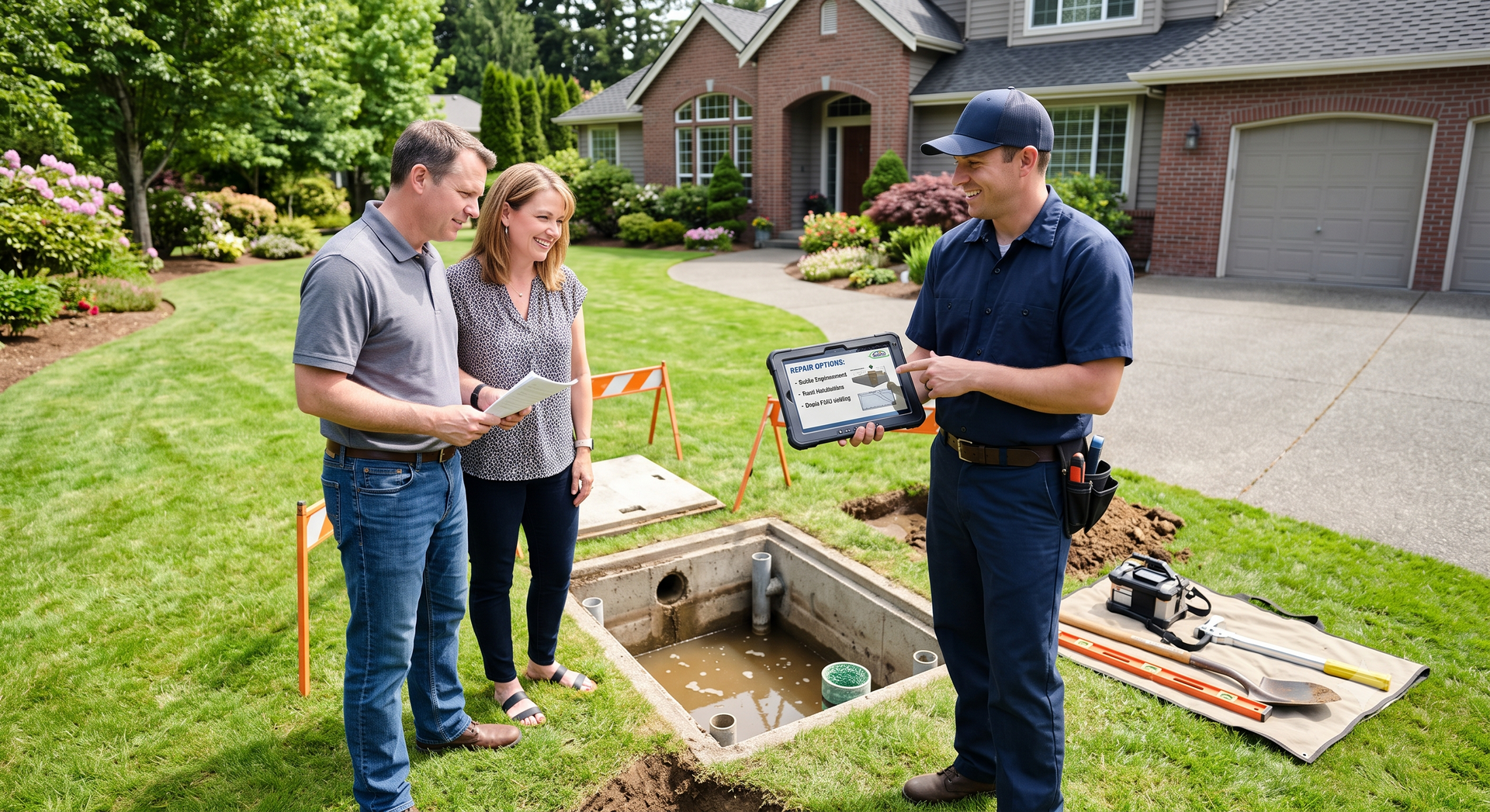 Two people listening to a utility worker near an open underground utility box in a suburban yard