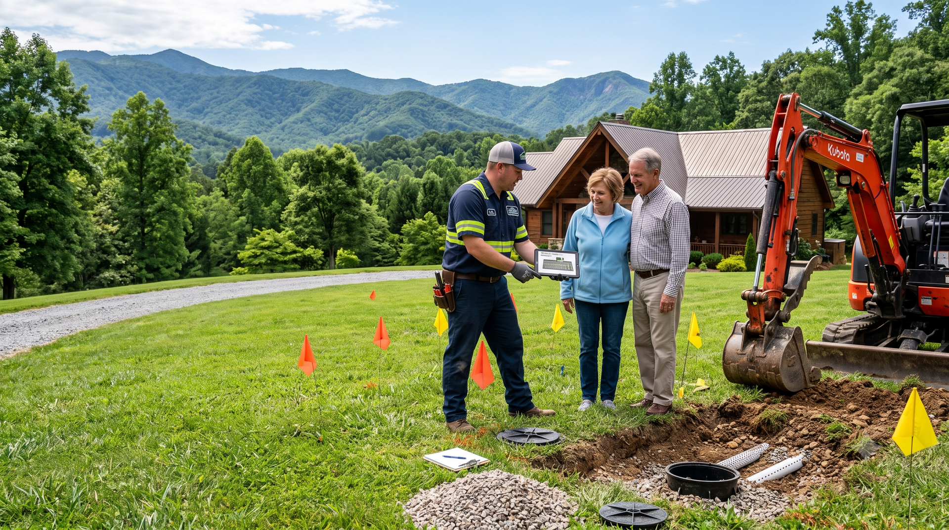 Two workers inspecting a dug-up yard beside a house, with an excavator and mountain backdrop
