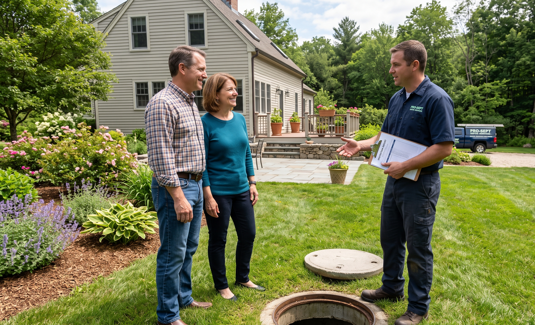 Three people talking on a lawn beside a house, with one holding papers and an open manhole nearby.