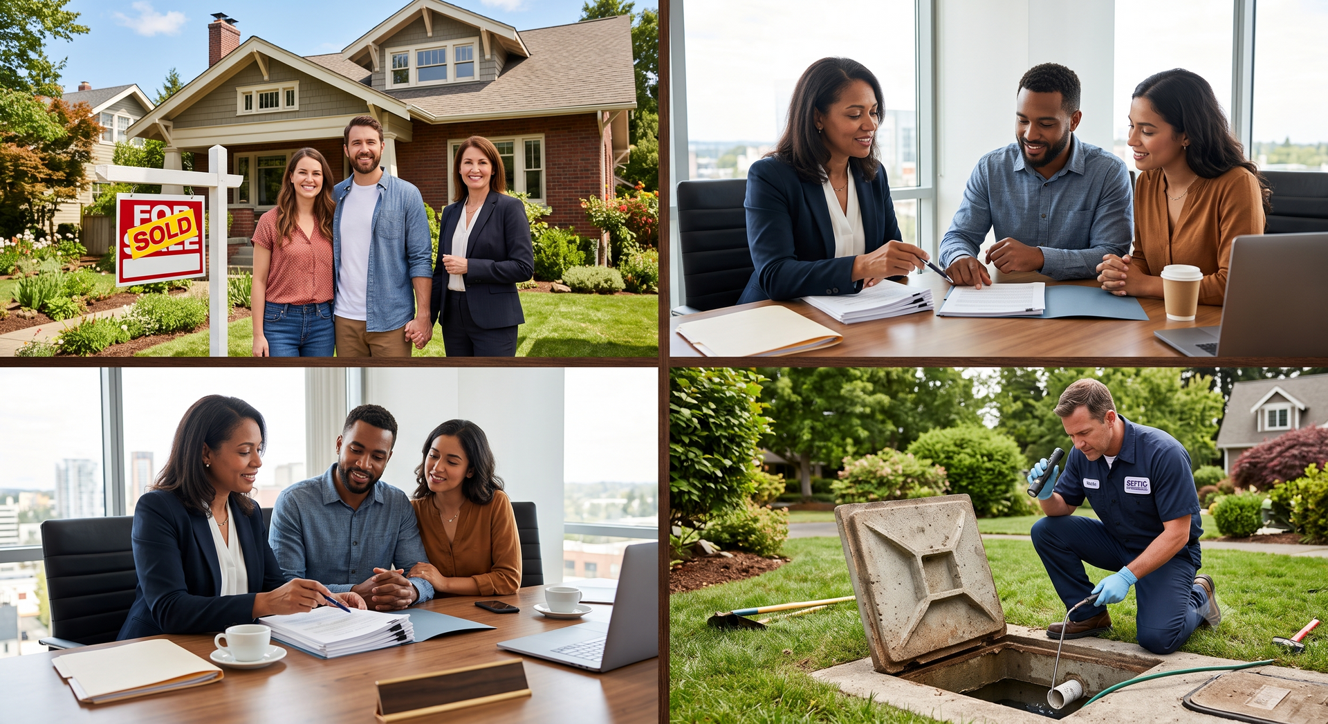 Real estate agents show a house and review documents with clients; one kneels by a grave marker.