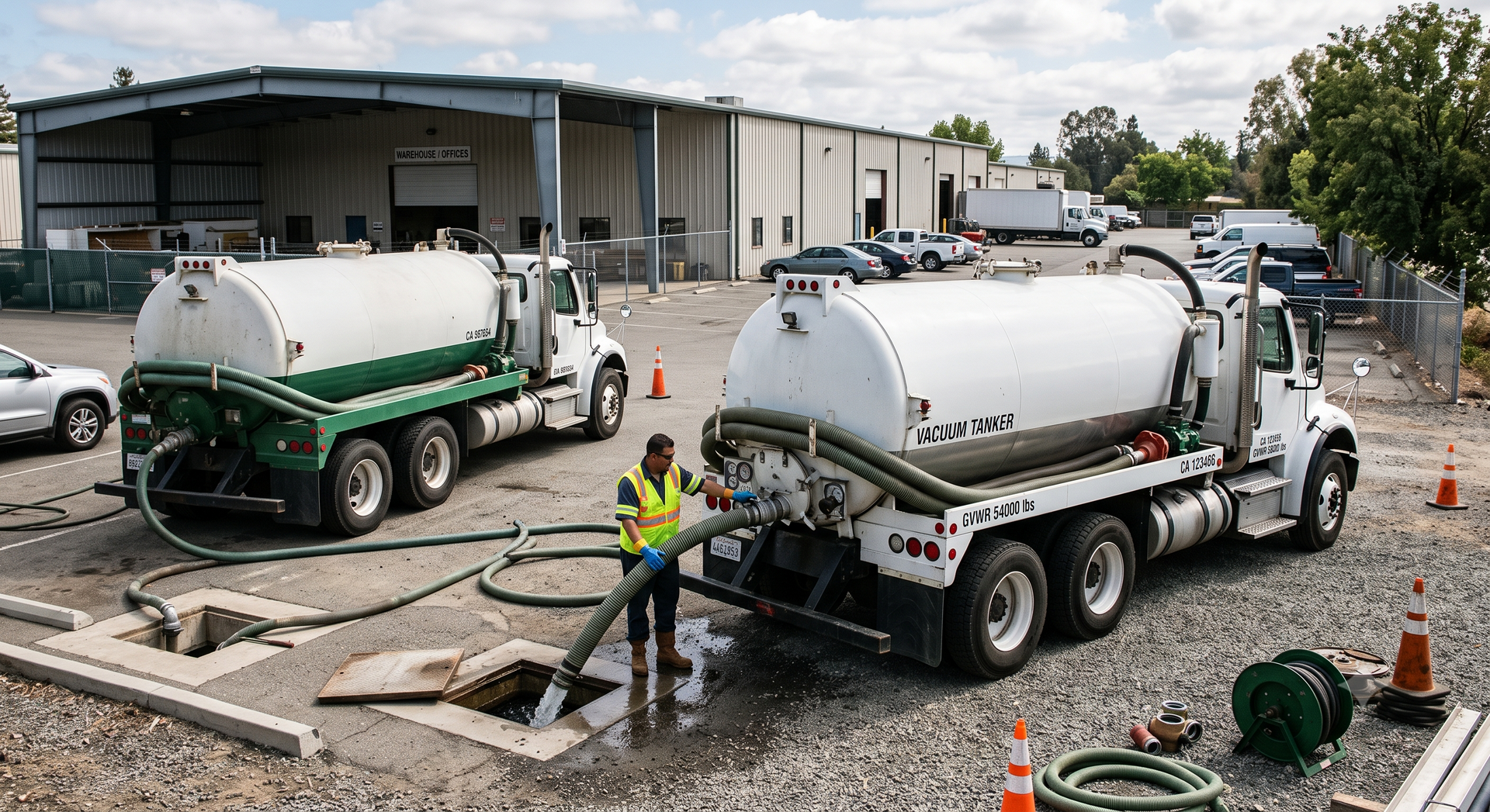 Two vacuum trucks and workers on a construction site, with hoses and gravel near a warehouse.