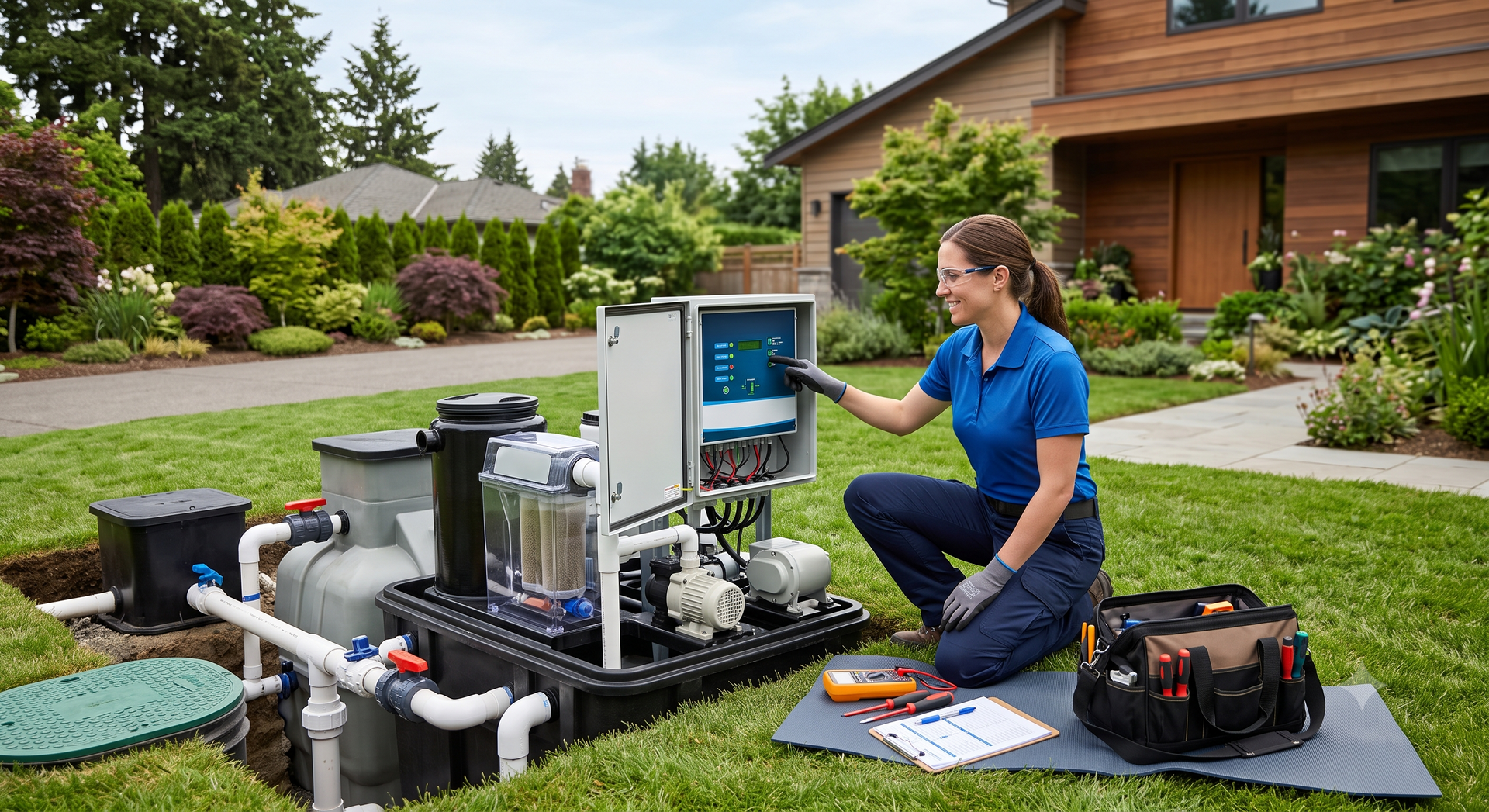 Technician kneels beside outdoor pool equipment, inspecting a control panel on a lawn in front of a house.
