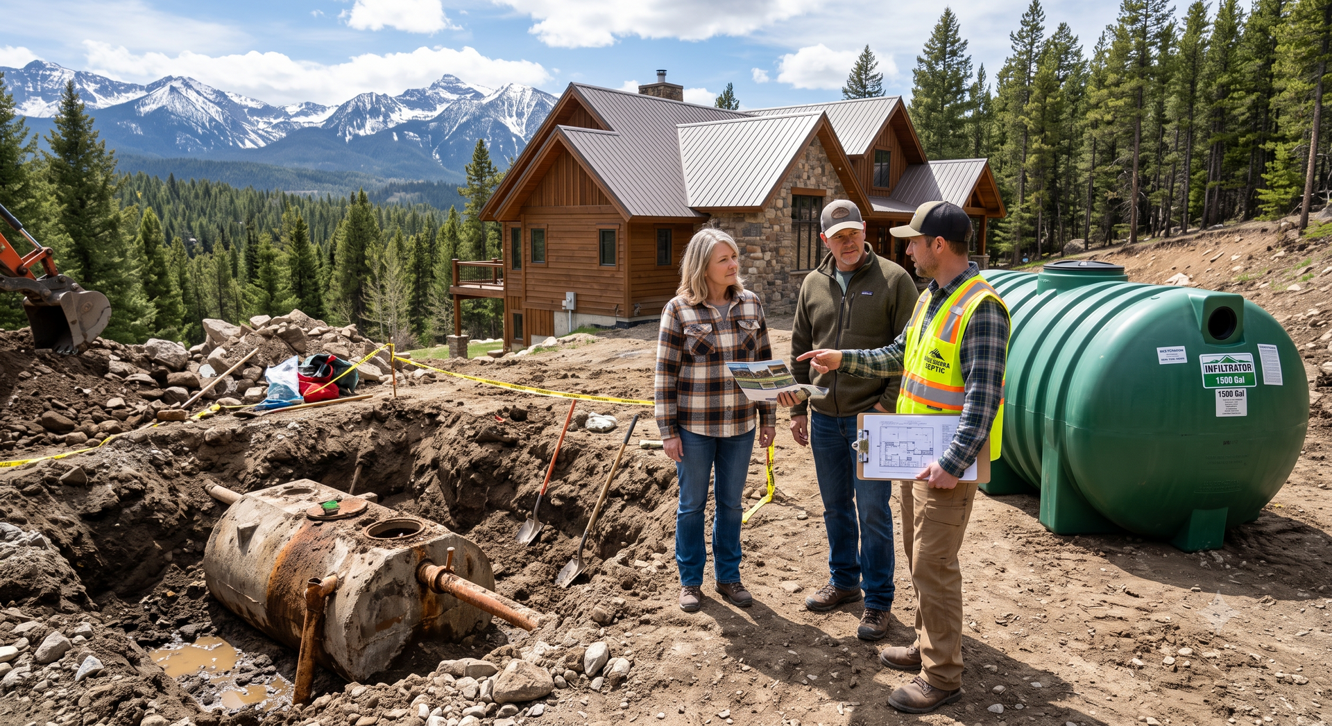 People standing beside a log cabin, debris, and a large green tank in a mountain clearing.