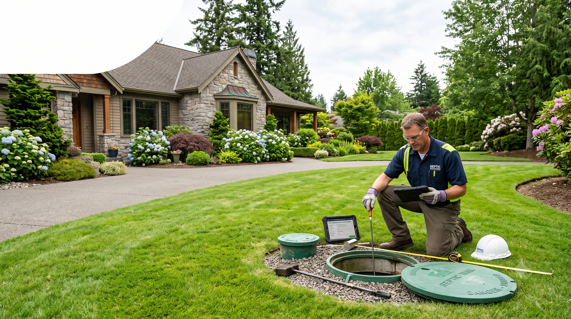 Man kneels by a backyard sprinkler system beside a landscaped house and lawn.