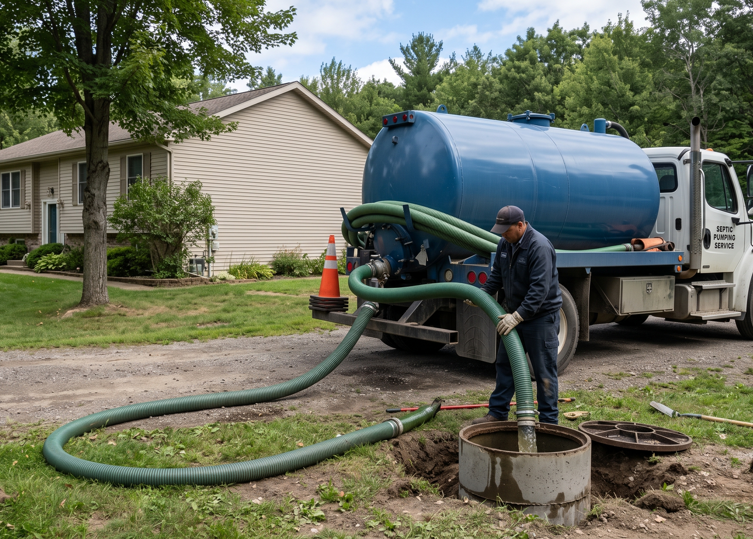 Worker empties blue septic tank truck hose into a roadside sewer access point near a house