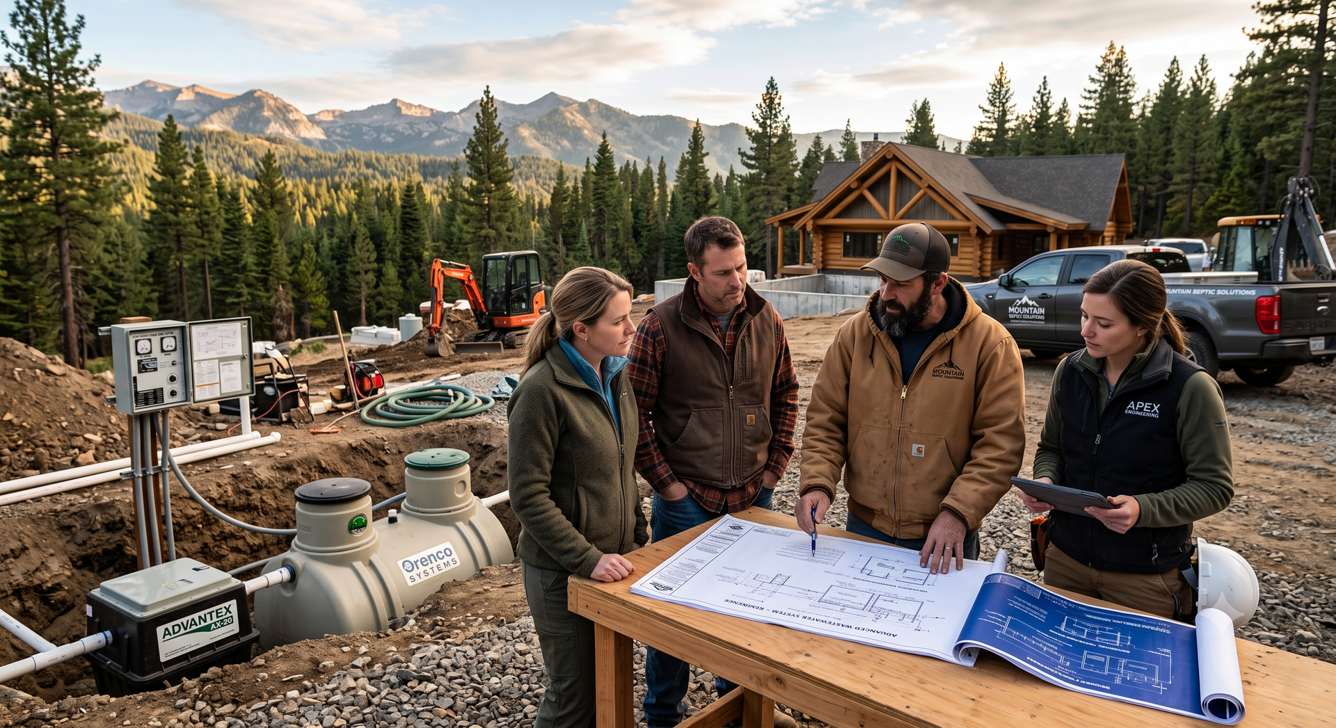 Four people review maps at an outdoor worksite with gas tanks, trucks, and mountains in the background