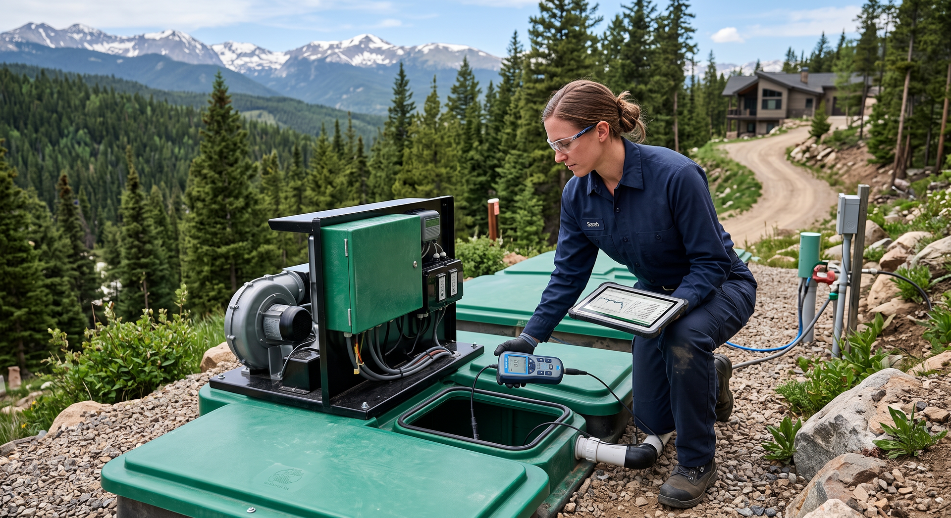 Person kneeling by green equipment on a mountain trail with pine trees and snowy peaks in the background