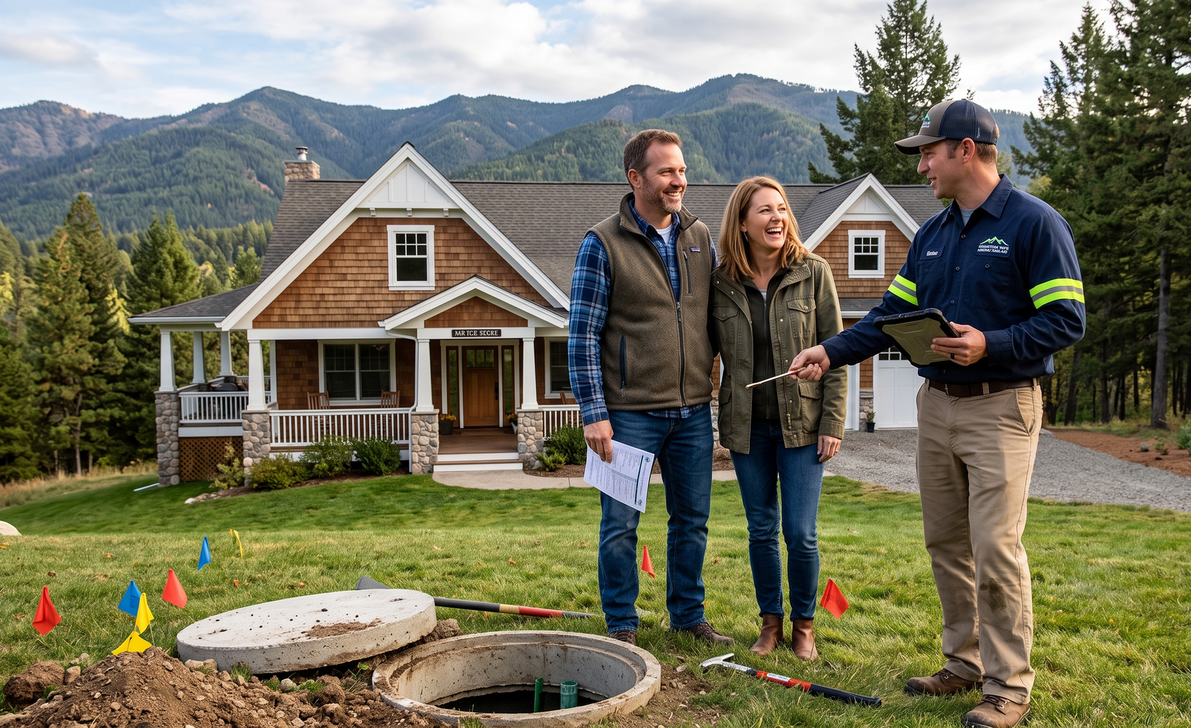 Three people talking beside a backyard utility lid in front of a mountain cabin