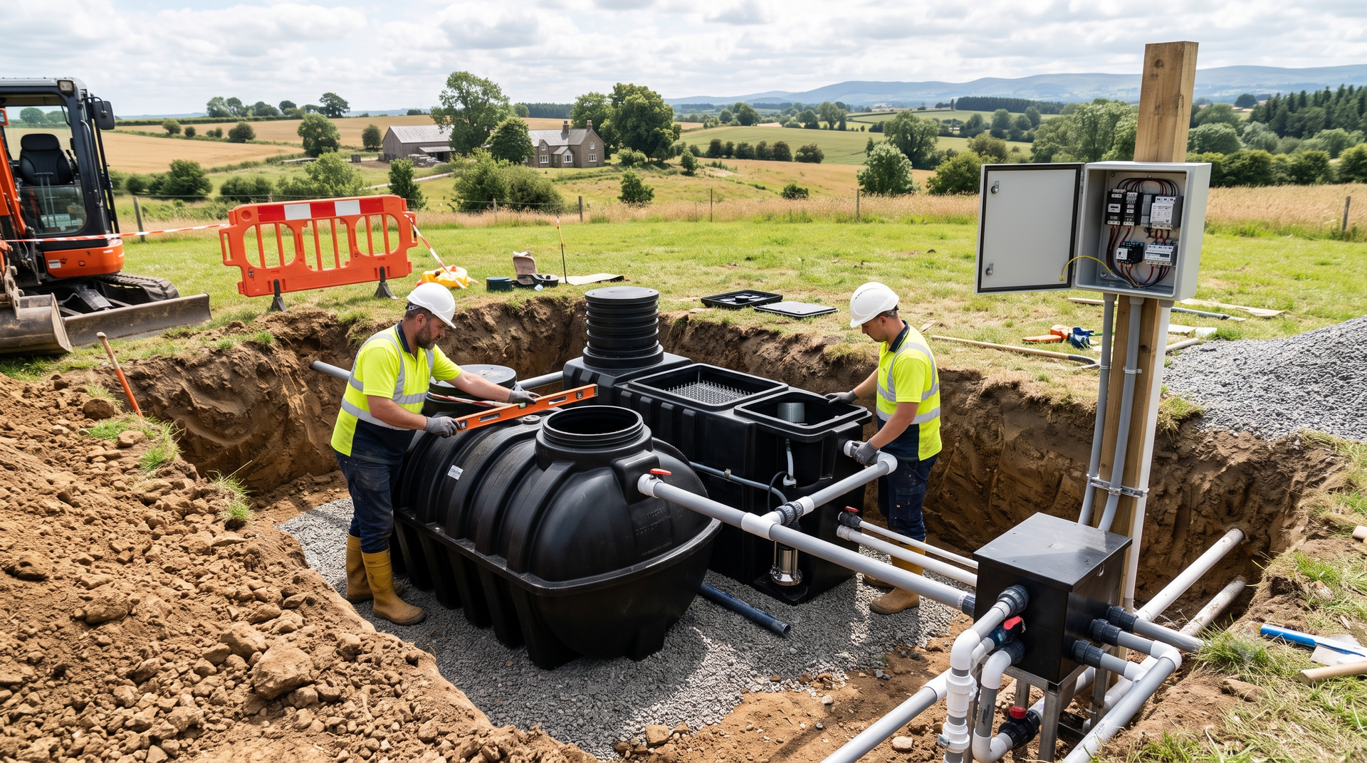 Workers install a large black underground tank at a rural construction site with excavator and pipes.