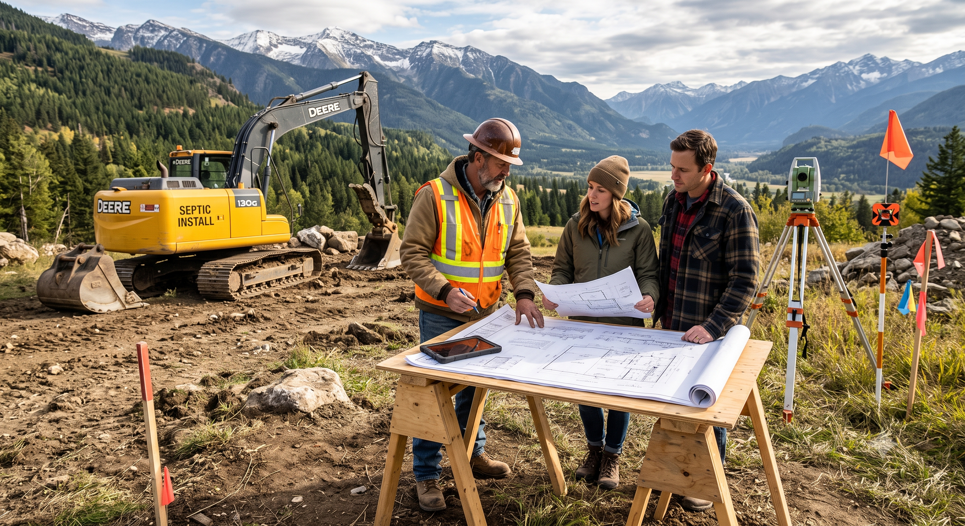 Two workers review a map at a construction site with a yellow excavator and mountains in the background.