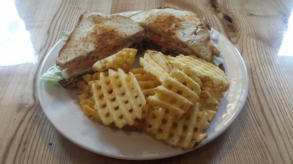 Plate of grilled sandwich halves with waffle fries on a table by a window