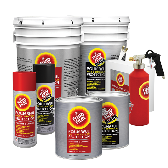 Assorted Fluid Film rust and corrosion protection products, including cans, buckets, and sprayers.