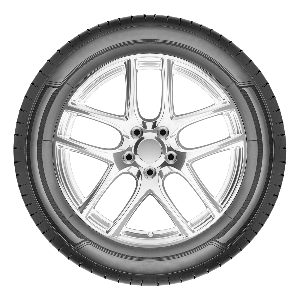 Car wheel with a silver rim and black tire.