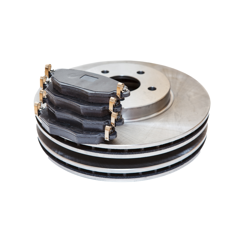 Brake rotor and brake pads, metallic gray and black, stacked.
