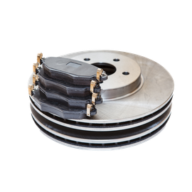 Brake rotor and pads; automotive parts for vehicle stopping.