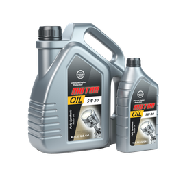 Two grey oil containers, one large with a handle and one small, labeled