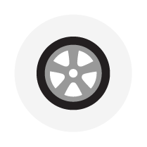 Car tire inside a white circle, gray wheel with black tire.