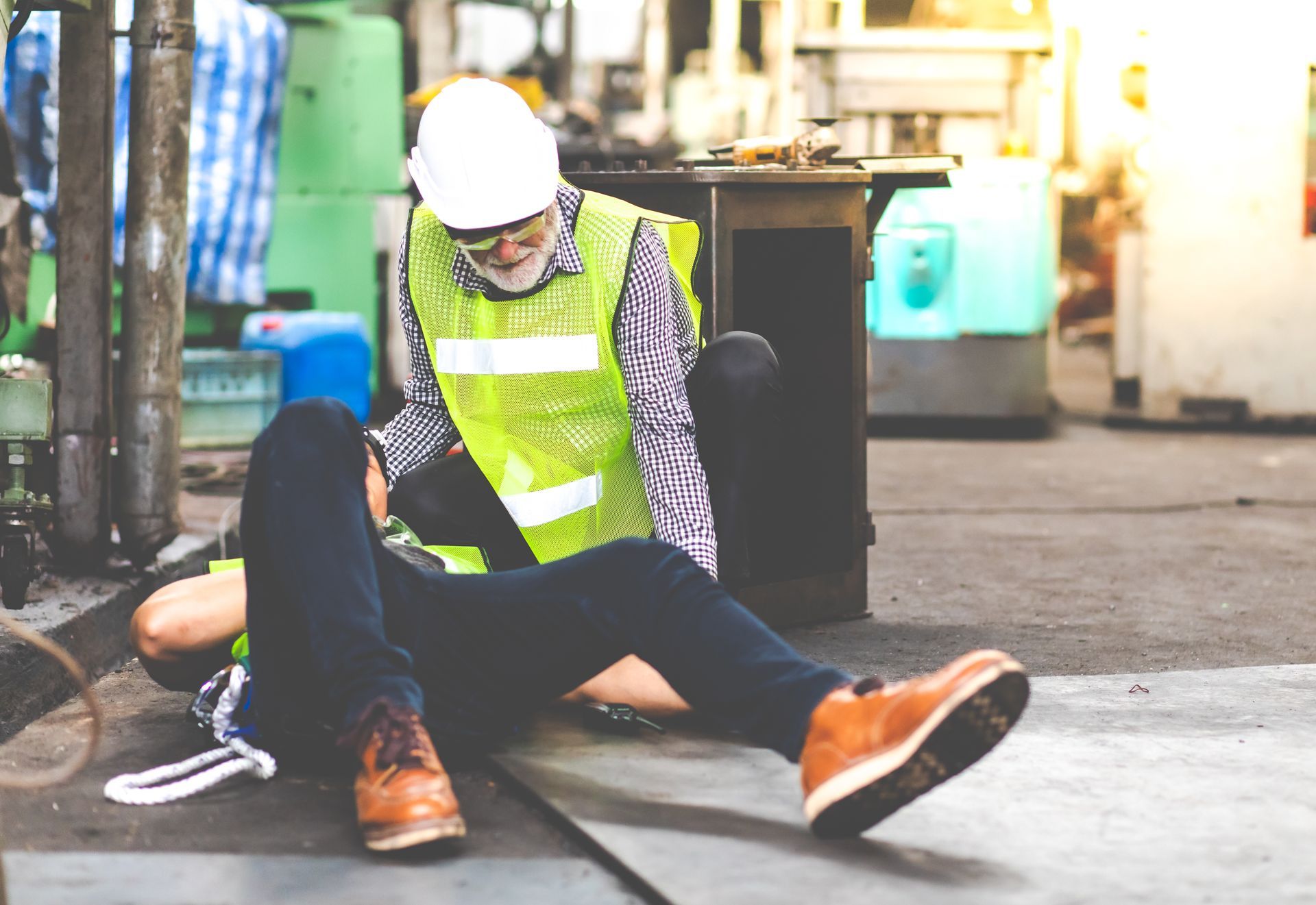 Construction worker in hard hat and reflective vest sitting on the ground, appearing injured at a work site