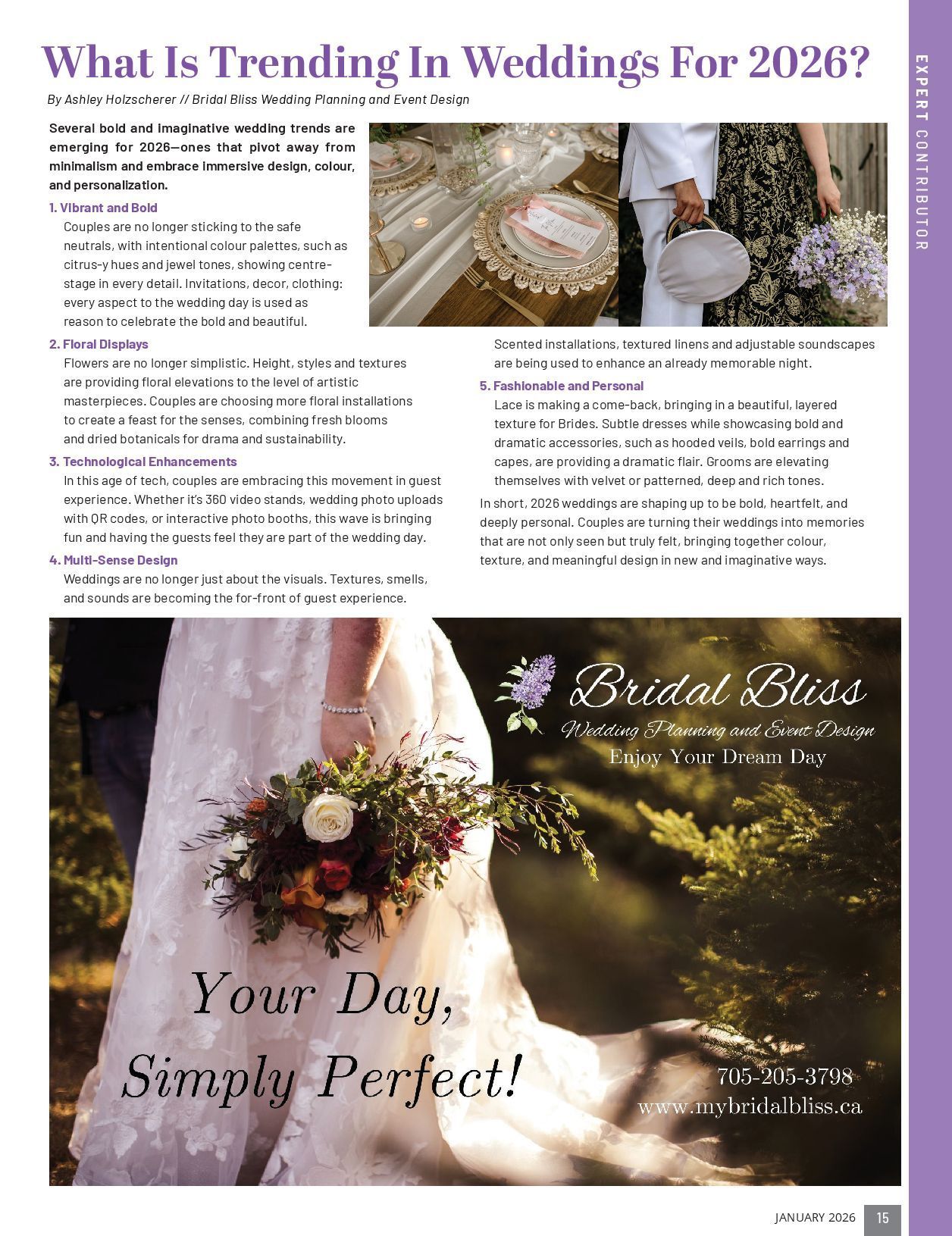 A bride and groom are standing next to each other on a page of a magazine.