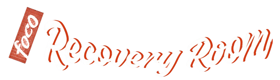Red “Recovery Room” text logo with a tilted “fccc” tag on a white background